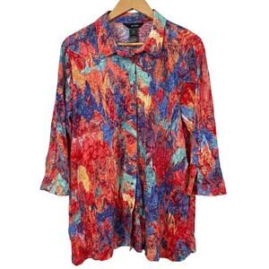 Ali Miles Artsy Boho Abstract Crinkle Tunic Top Multicolor Button Front XL